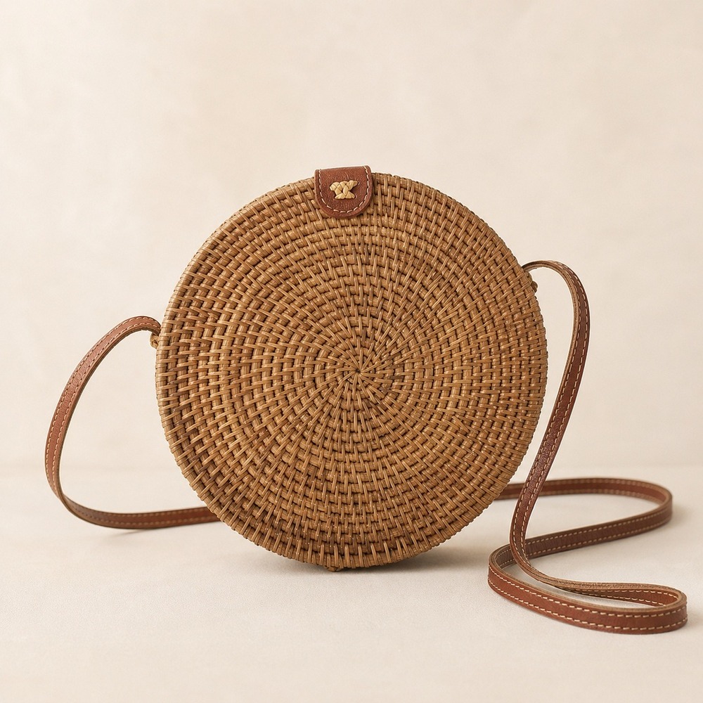 Round Rattan Crossbody Bag Natural Woven Circle Purse Floral Lining Boho Brown
